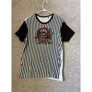 Guess Los Angeles Black White Striped Floral Skull Graphic T Shirt Men’s Size XL